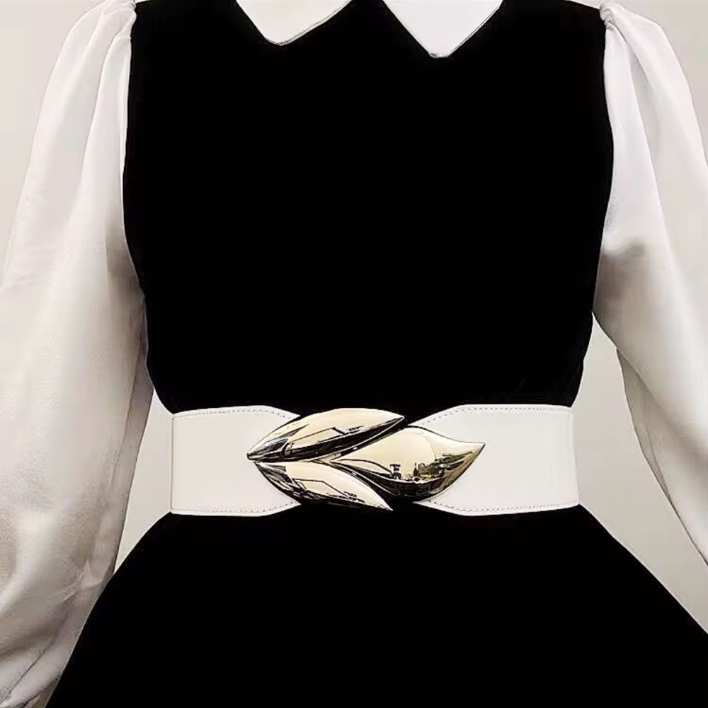 White Elastic Waist Belt with Gold Leaf Buckle